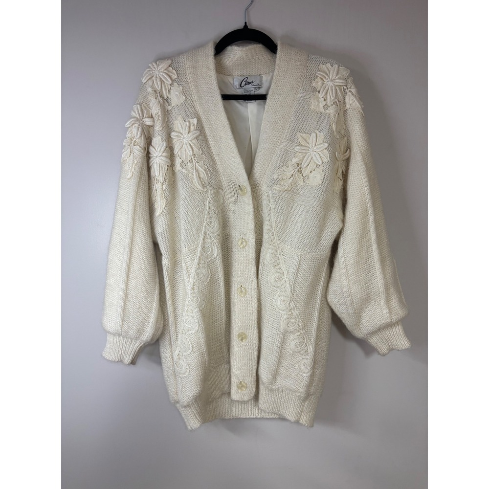Vintage Career Franklin Women's Cream Mohair Wool Embroidered‎ Cardigan Size L